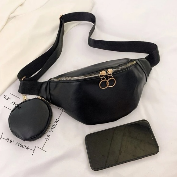 💙 Leather Black Adjustable Strap Fanny Pack With A Removable Coin Purse - Picture 4 of 6